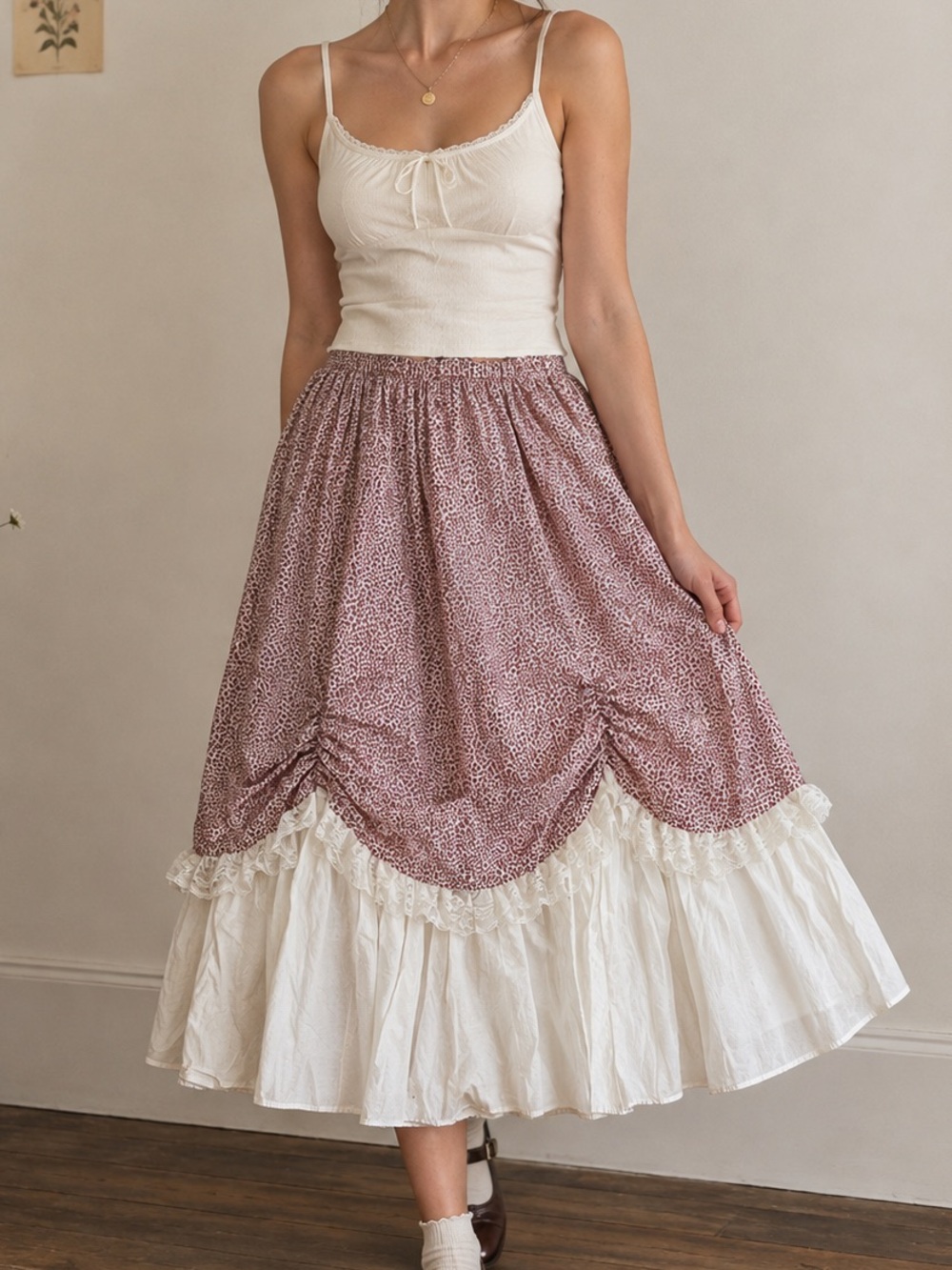 Vintage Handmade Calico Floral Ruffle Lace Midi Skirt Victorian Cottagecore